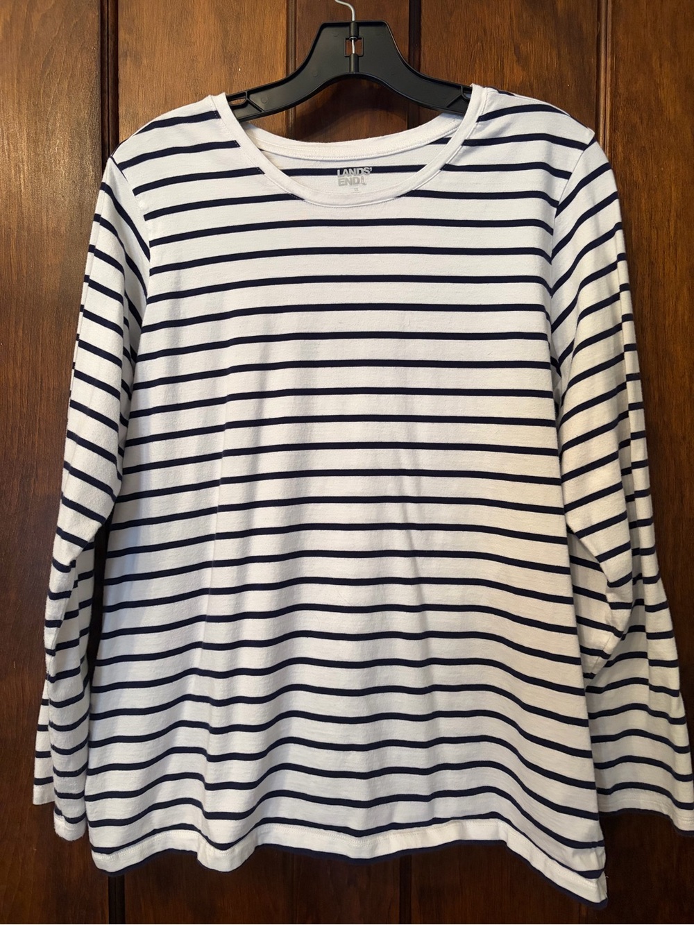 Lands' End Size 1X White & Navy Breton Striped Crewneck Long Sleeve Shirt